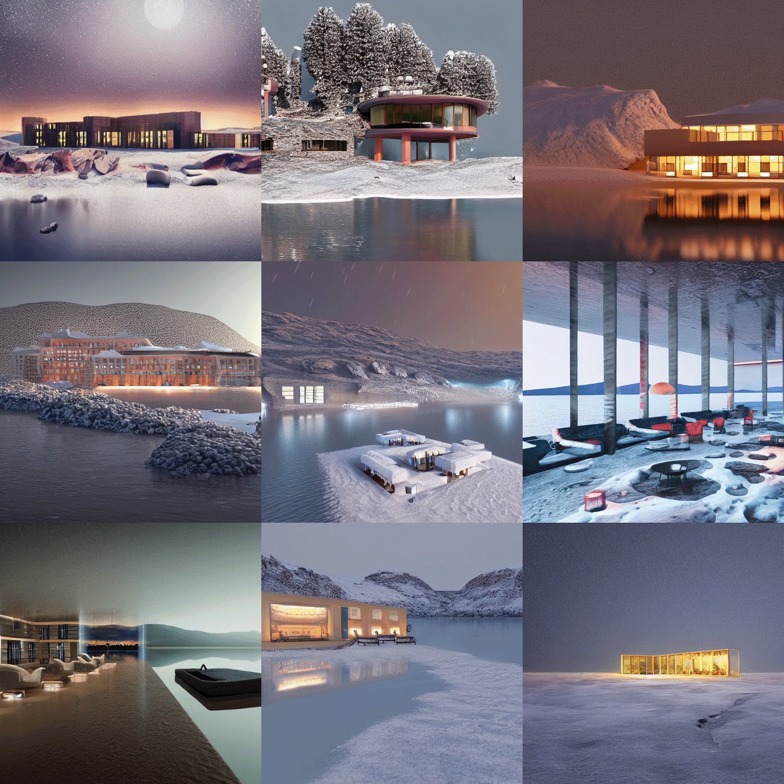 image from Stable Diffusion with the prompt 'bright hotel in the middle of a lake on mars, snowing, cold, archviz'