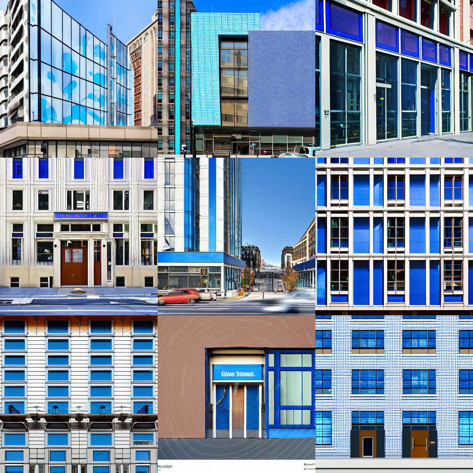 image from Stable Diffusion with the prompt 'front of glass and wood building at street level, san francisco city street, blue and white polkadot colored, realistic, front entrance'