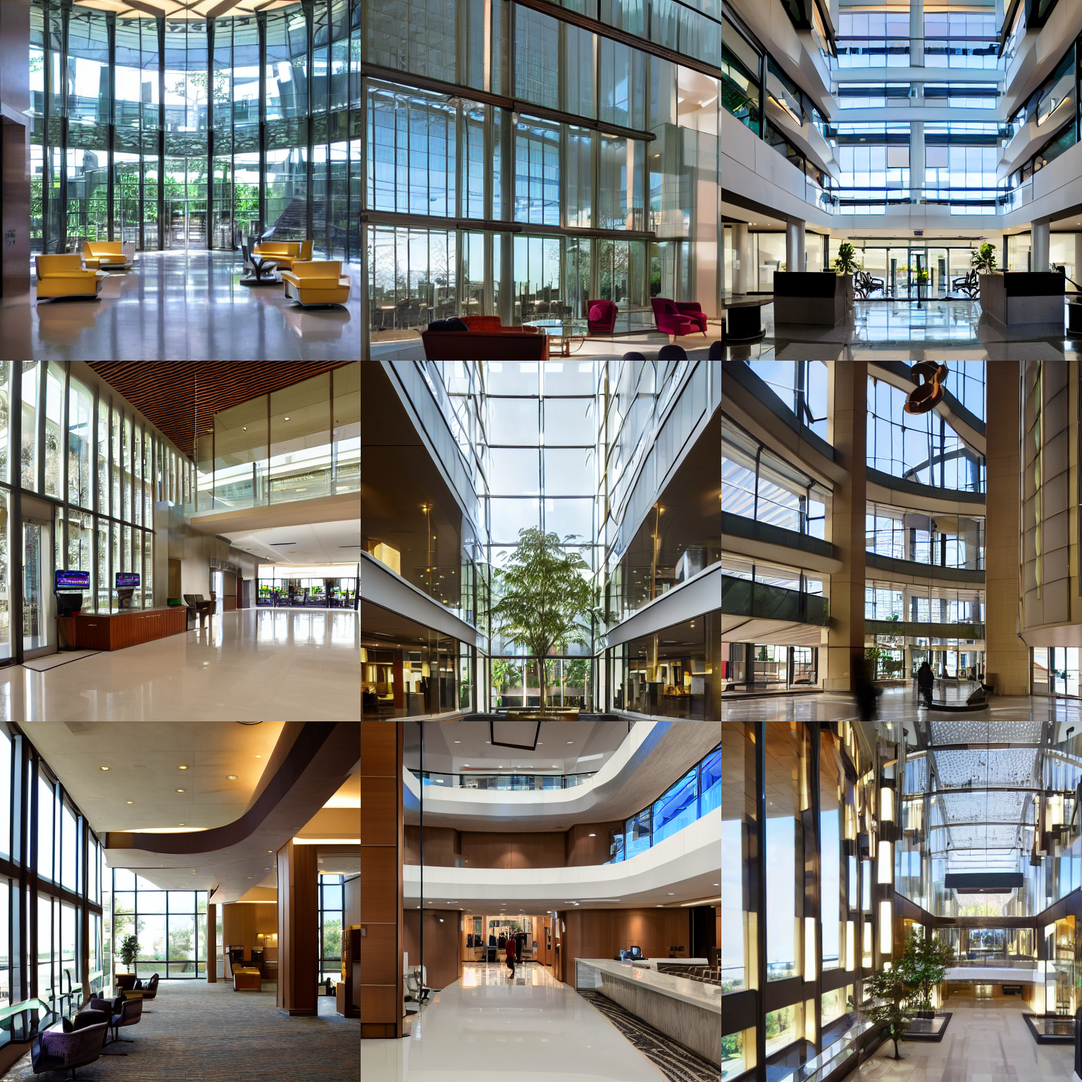 image from Stable Diffusion with the prompt 'lobby atrium with glass and a front desk, lots of light, modern aesthetic, sunlight'