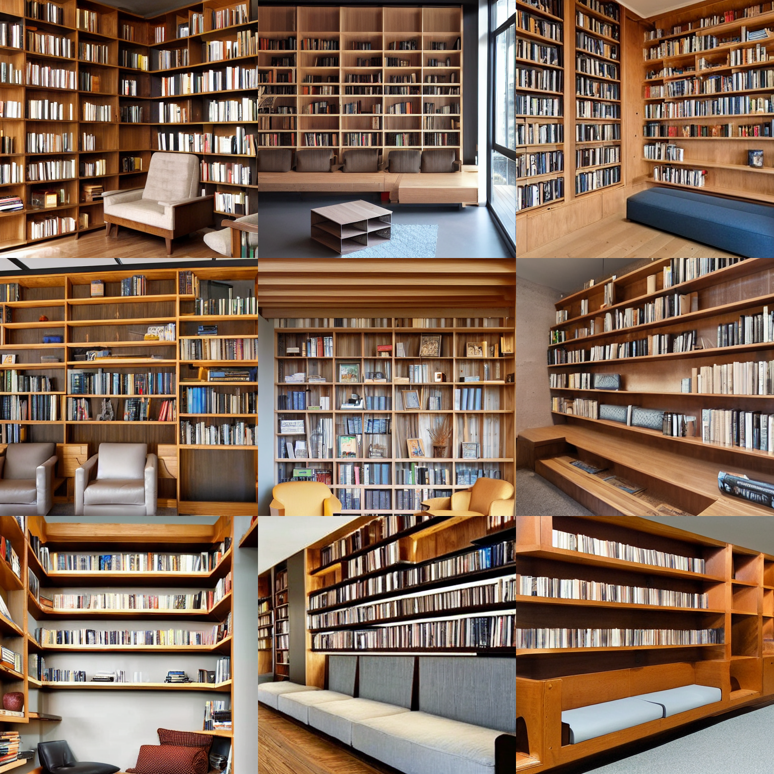 image from Stable Diffusion with the prompt 'moody wood panel sitting area, shelves of books, comfortable seats'