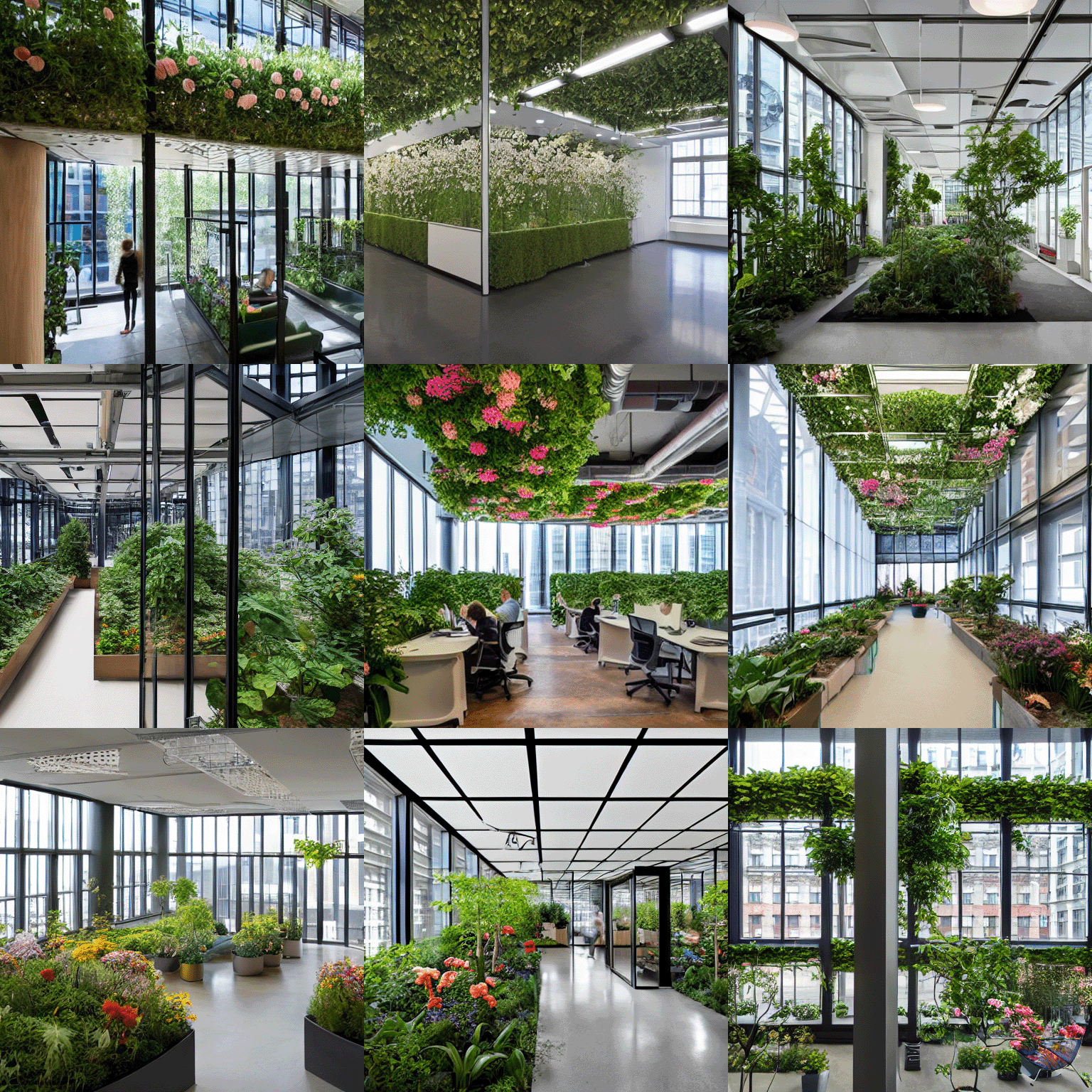 image from Stable Diffusion with the prompt 'new york city office, open floor plan, garden with flowers, glass partitions, archviz, archdaily, dreamy'