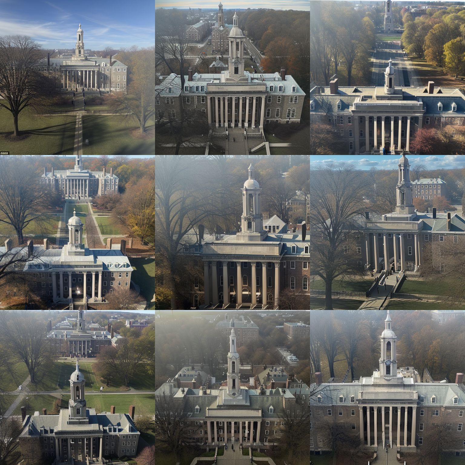 Stable Diffusion output of Old Main at Penn State as if it was a photo from a drone