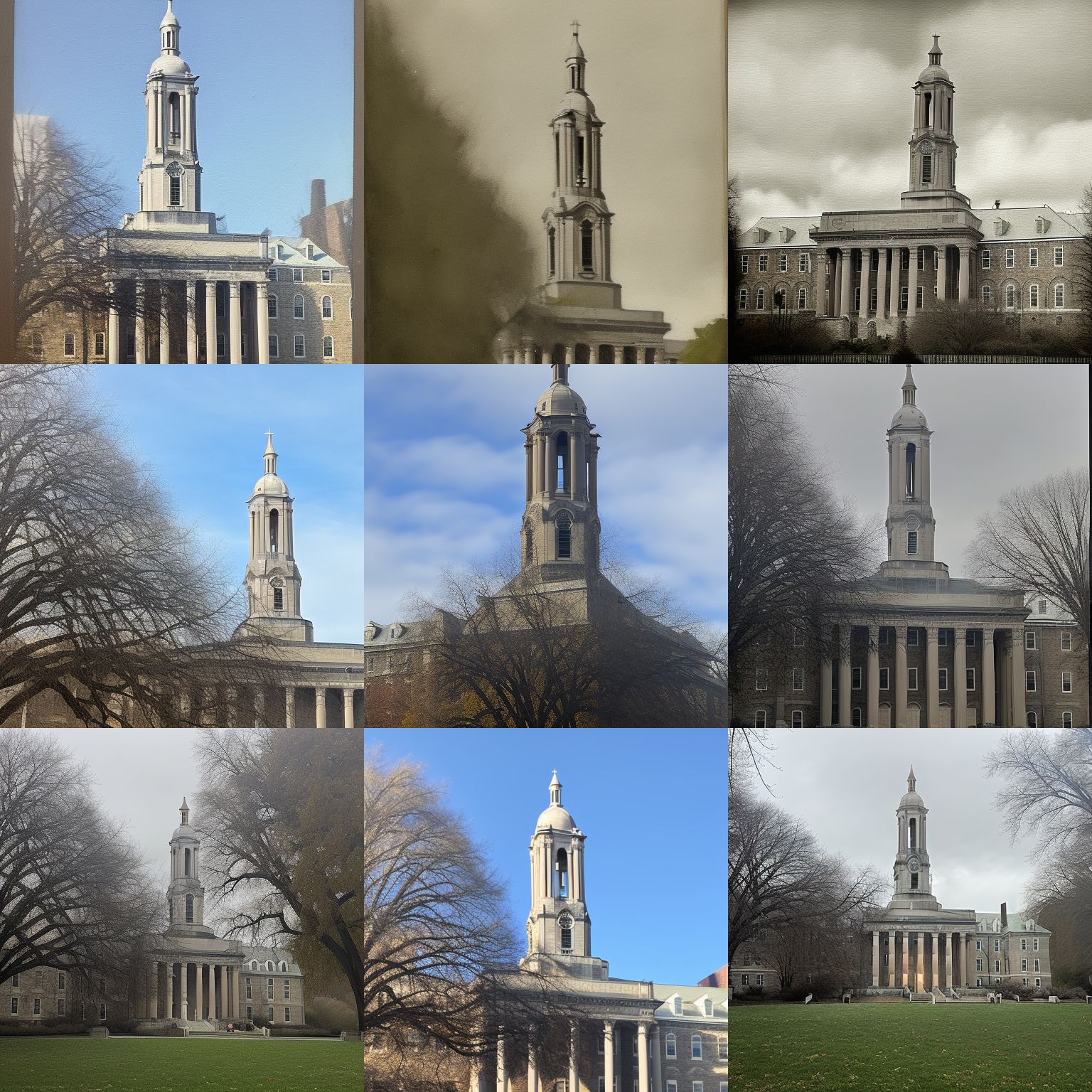 three by three collage of Stable Diffusion output for Old Main as a gothic cathedral