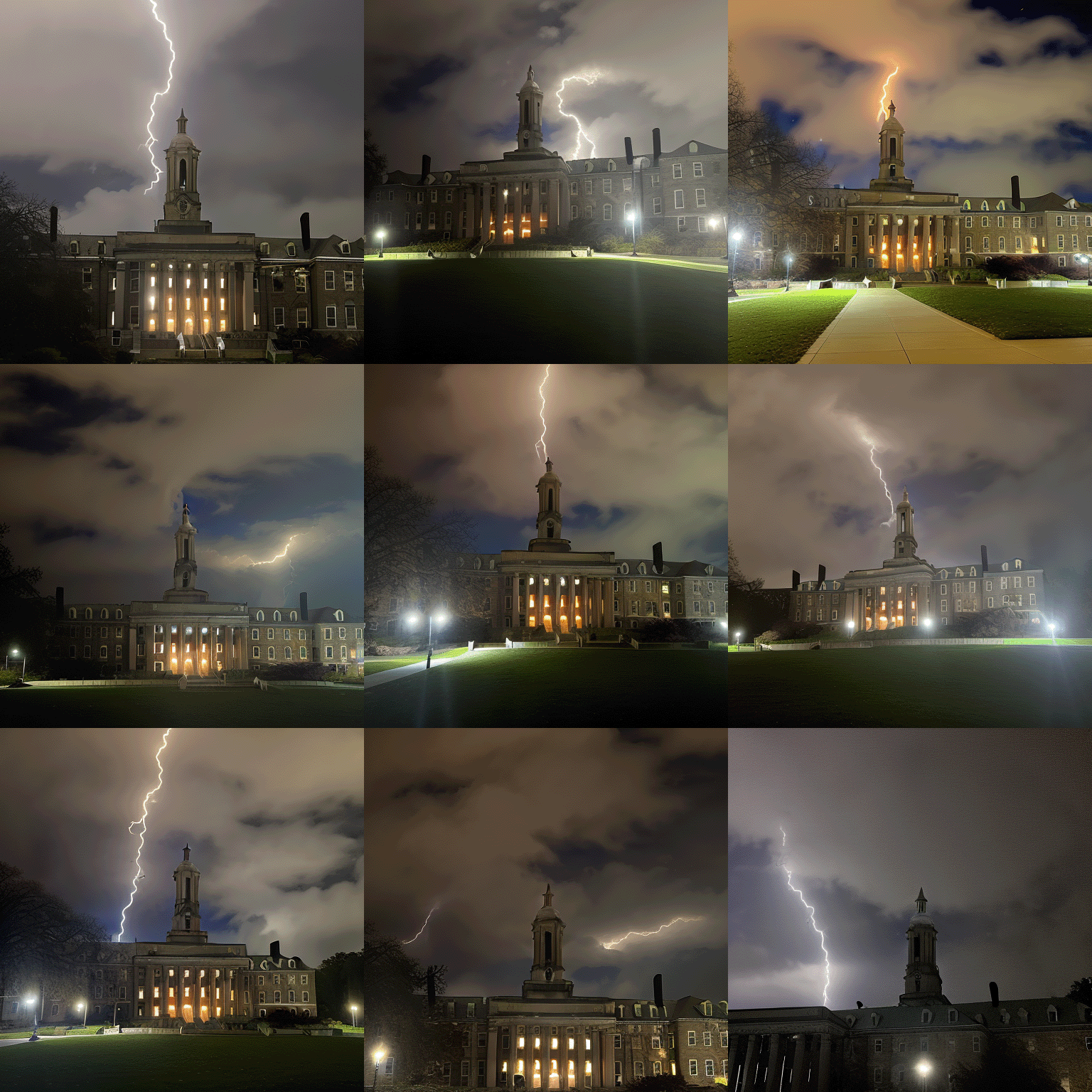 three by three collage of the output from stable diffusion of old main being struck by lightning