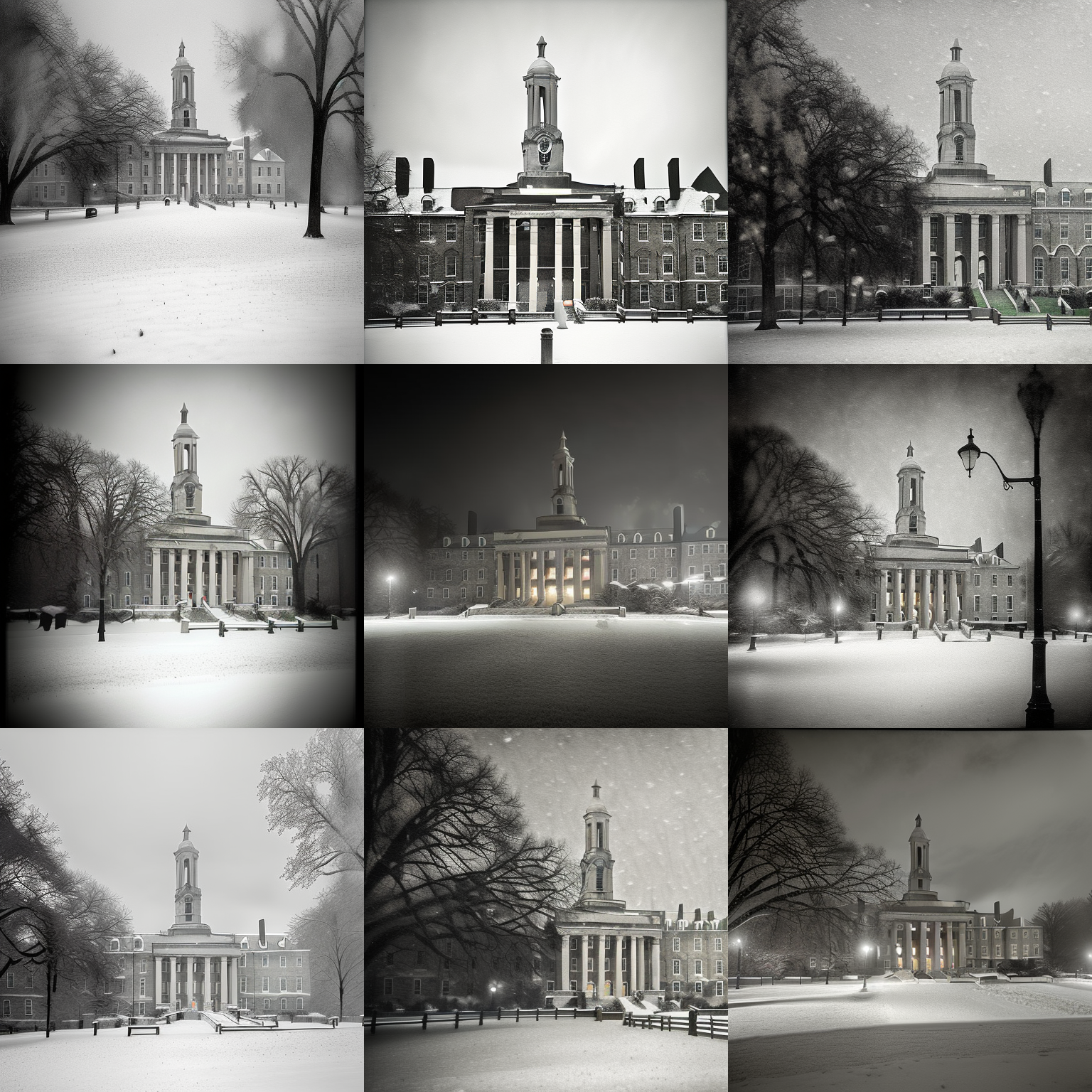 three by three collage of Stable Diffusion output for Old Main in winter